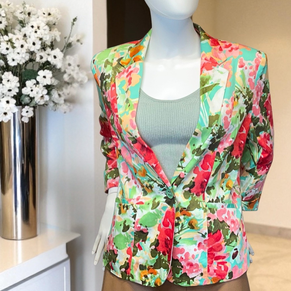 Roz & Ali Womens Medium Multicolor Watercolor Floral Print Blazer Jacket NWT